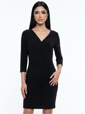 Lauren Ralph Lauren Black Ruched Surplice V-Neck 3/4 Sleeve Sheath Dress Size 8